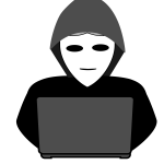 Masked figure behind the computer
